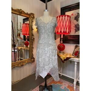 vintage 1990s sheer green silk floral bias cut dress flutter sleeves sash small